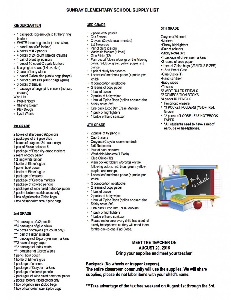 20152016 Student’s School Supply List Sunray Elementary School